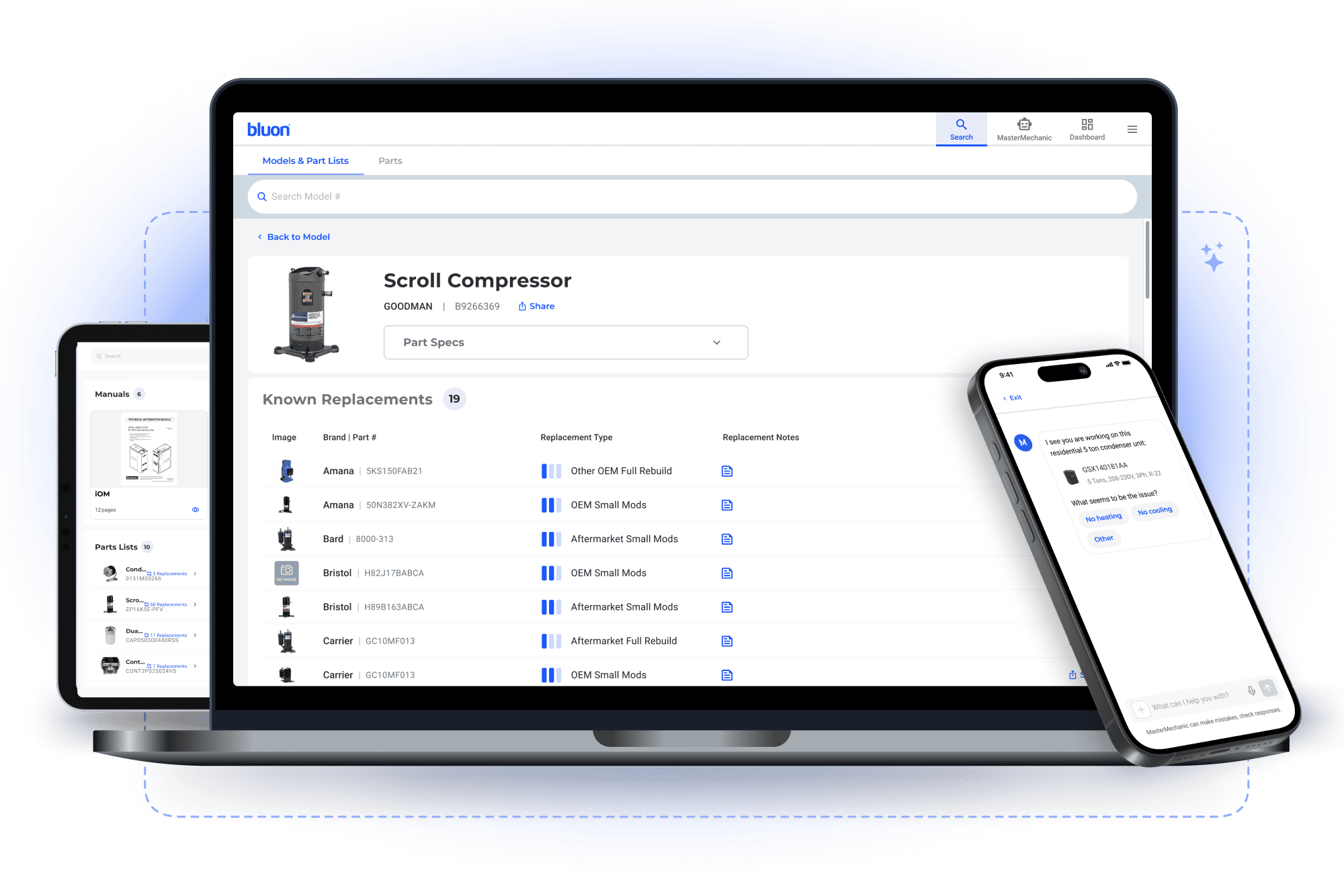 Bluon app on laptop and phone showing part search, replacement parts list, and AI chat support