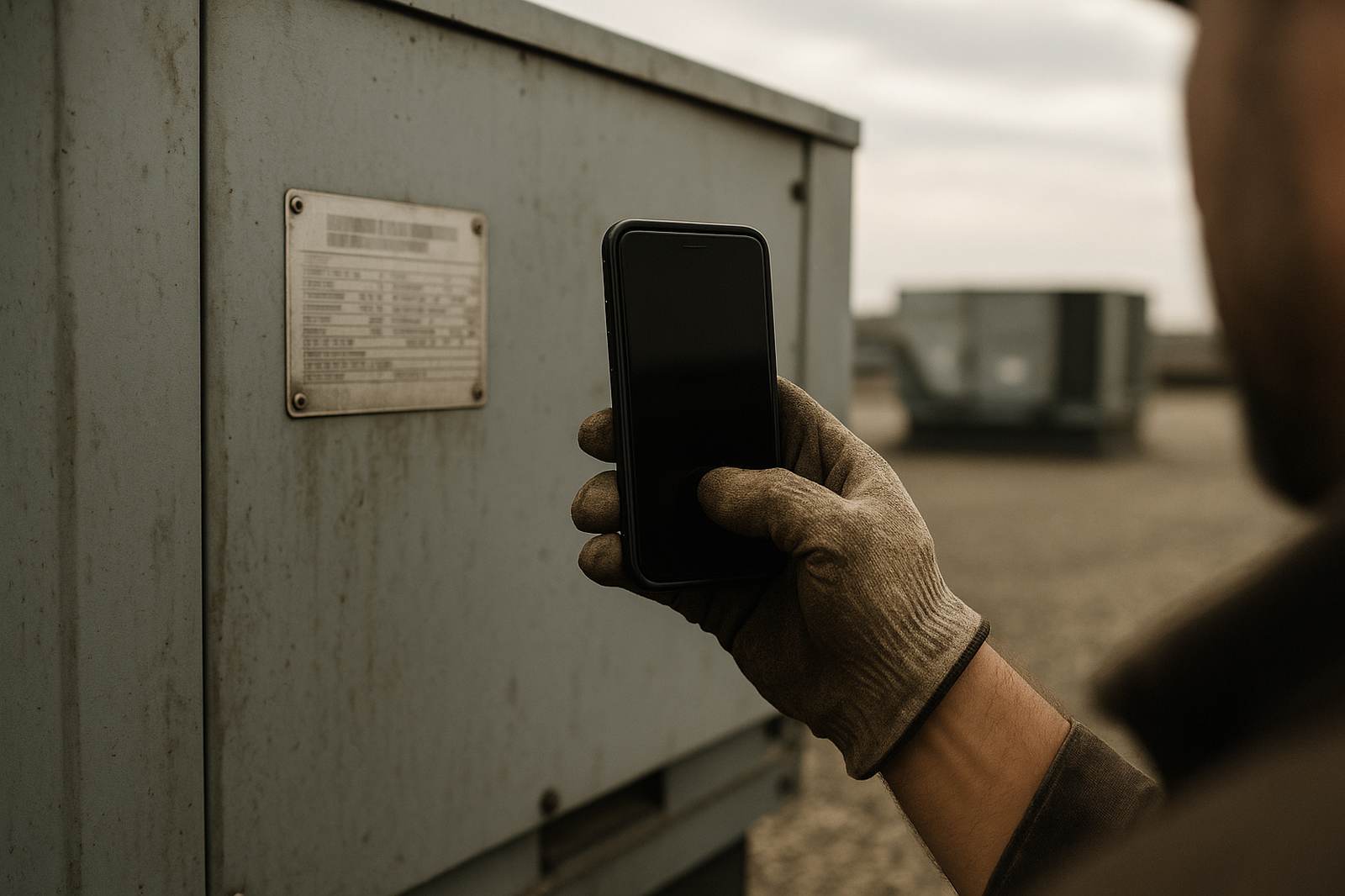 Gloved hand holds a phone next to the nameplate on a rooftop unit