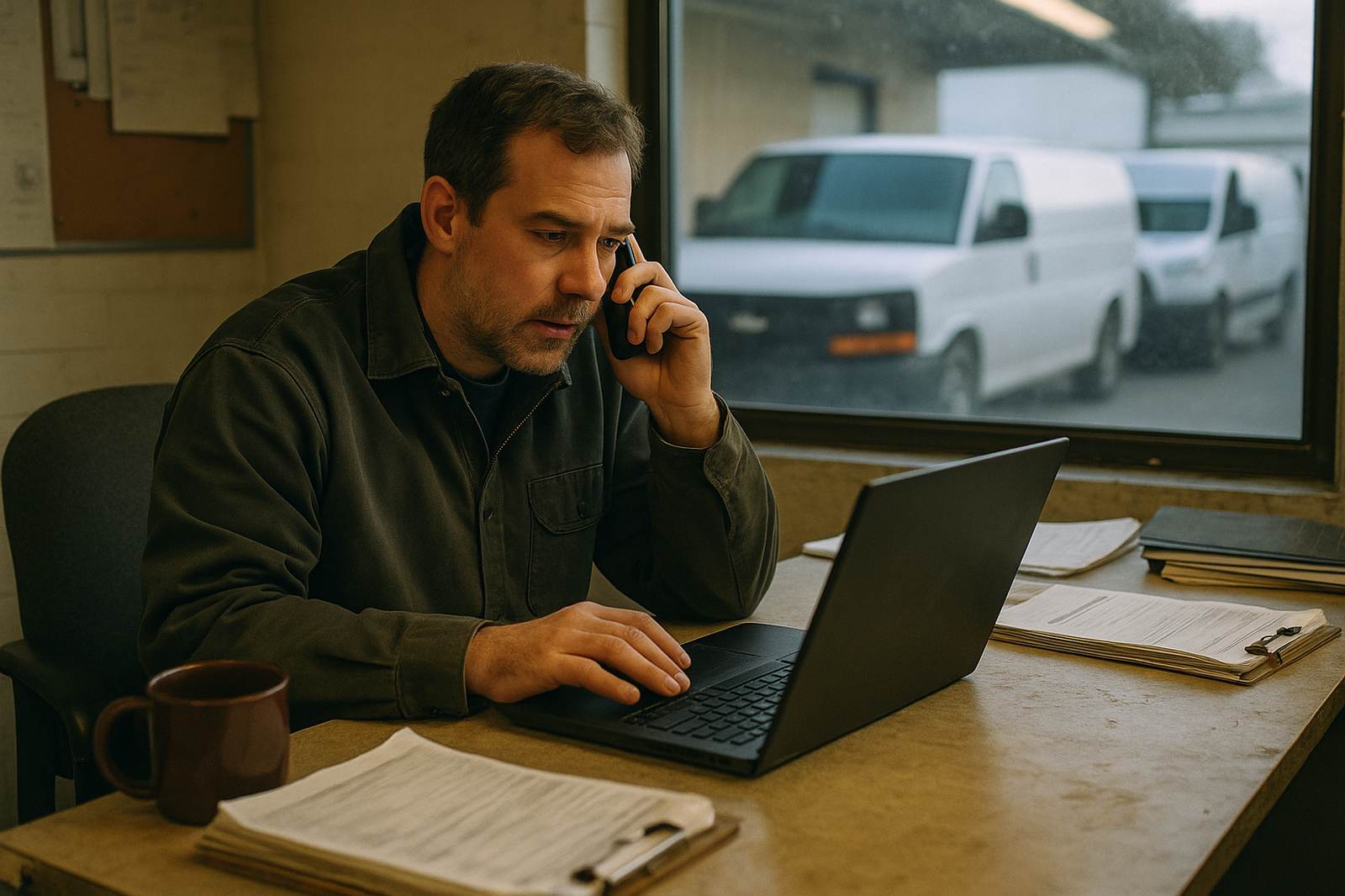 Service manager on the phone at his desk, service vans outside the window