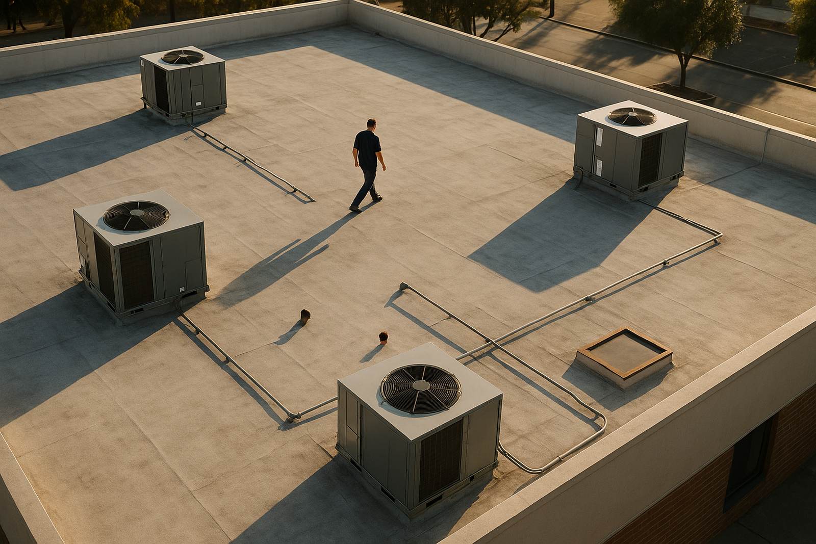 Aerial view of a commercial rooftop with four packaged HVAC units and one technician