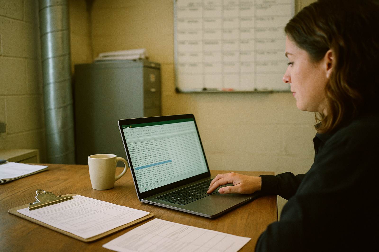 Office manager works in an equipment spreadsheet on a laptop