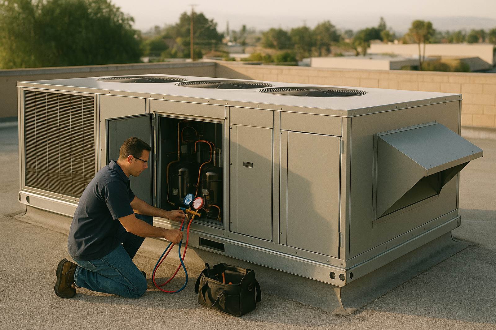 Technician with gauges at the open compressor door of a large commercial rooftop package unit