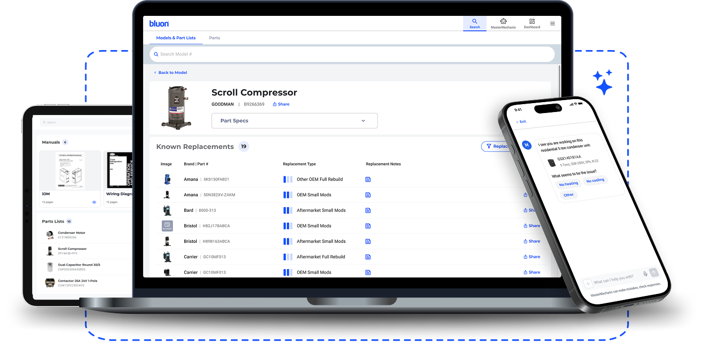 Bluon app on laptop and phone showing part search results and an AI chat support conversation