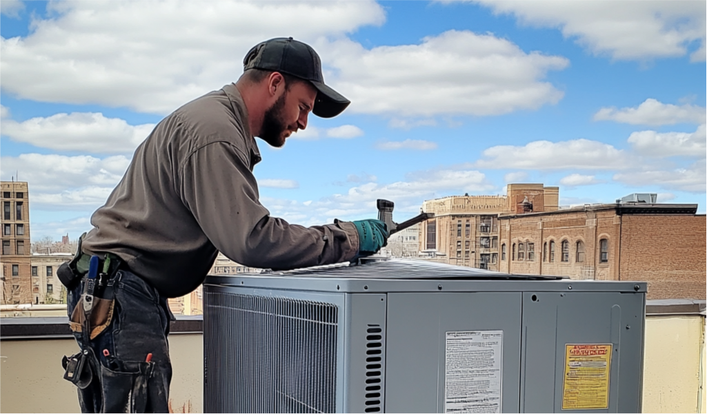 HVAC technician servicing a commercial condenser unit on a rooftop