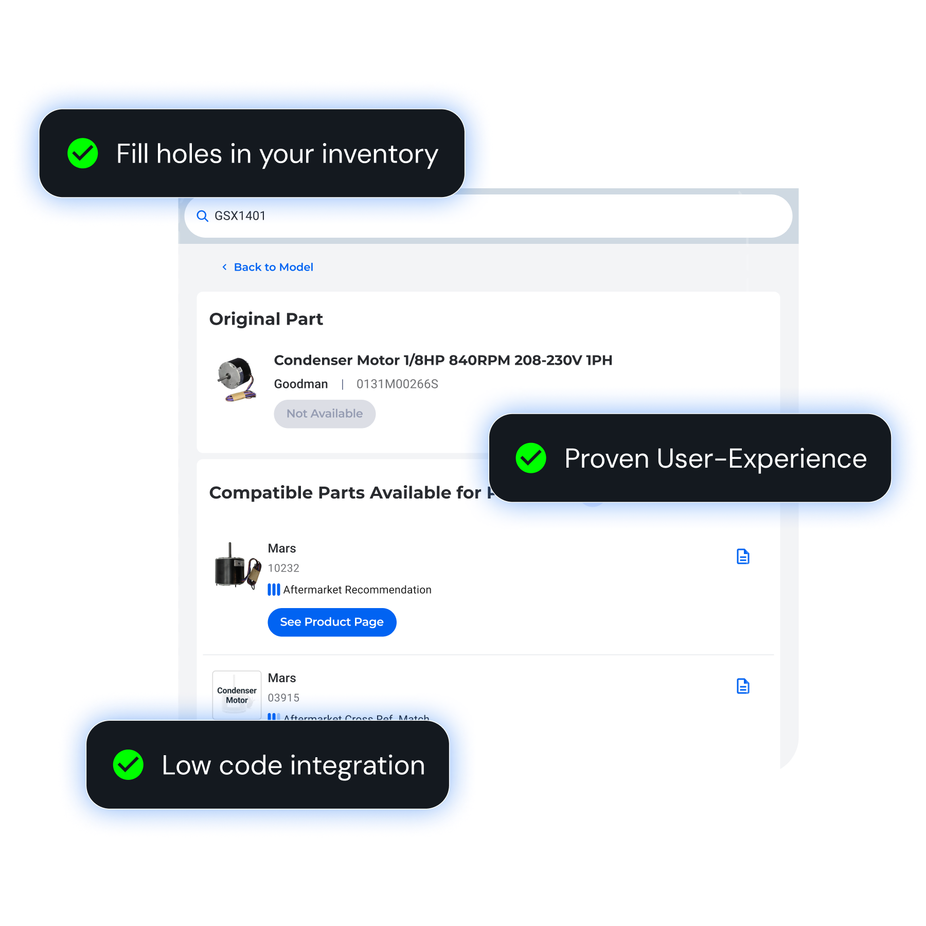 Bluon parts-finder plugin screenshot with callouts: fill holes in your inventory, proven user experience, low-code integration