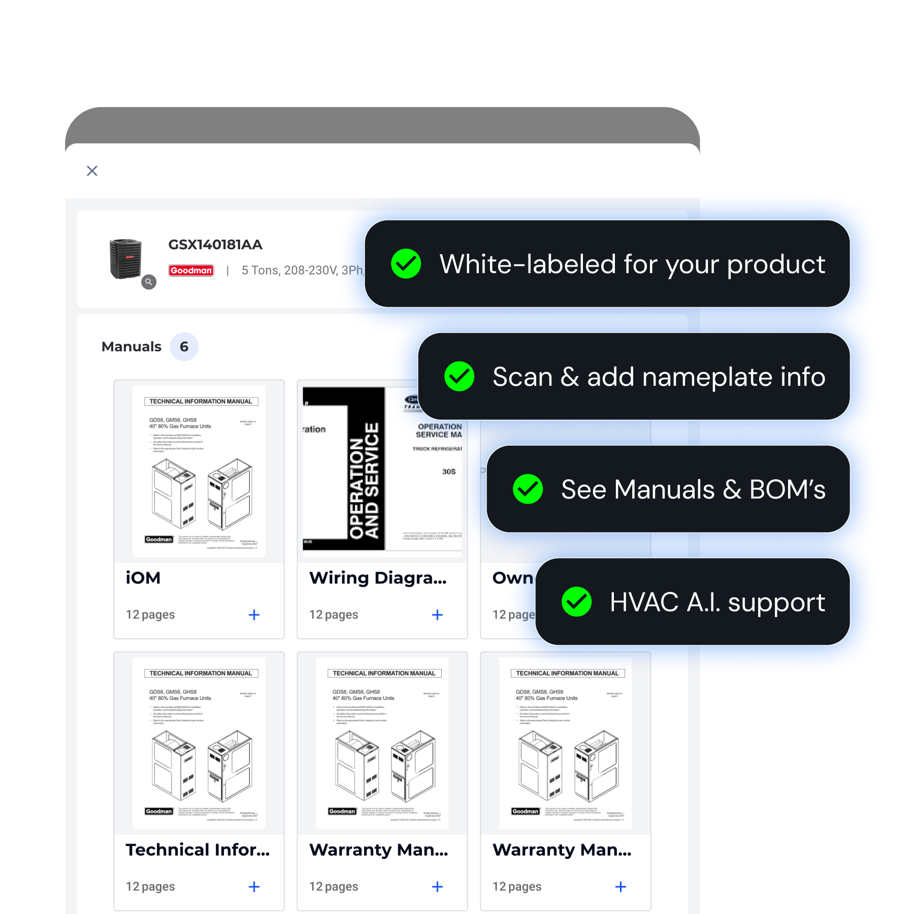 Bluon manuals viewer screenshot with callouts: white-labeled for your product, scan and add nameplate info, see manuals and BOM's, HVAC AI support
