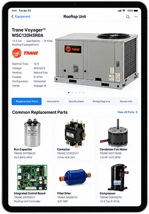 Bluon app on an iPad showing a Trane rooftop unit with its specifications and common replacement parts