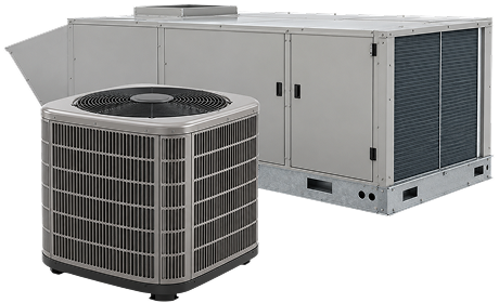 HVAC equipment: a residential condenser and a commercial rooftop unit