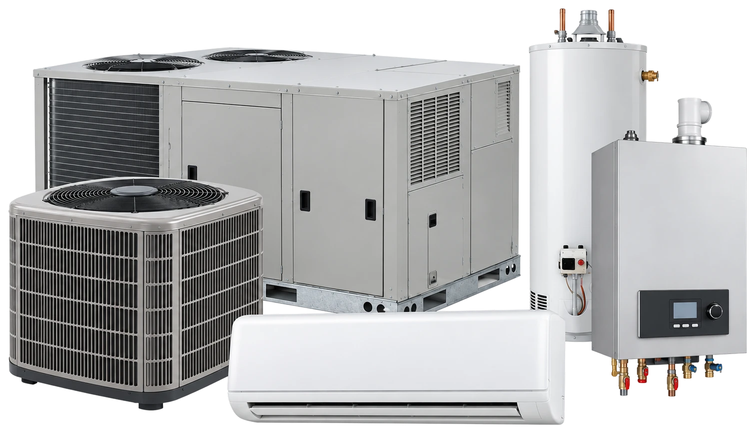 HVAC equipment: a commercial rooftop unit, a residential condenser, a ductless mini-split, a water heater and a wall-mounted boiler