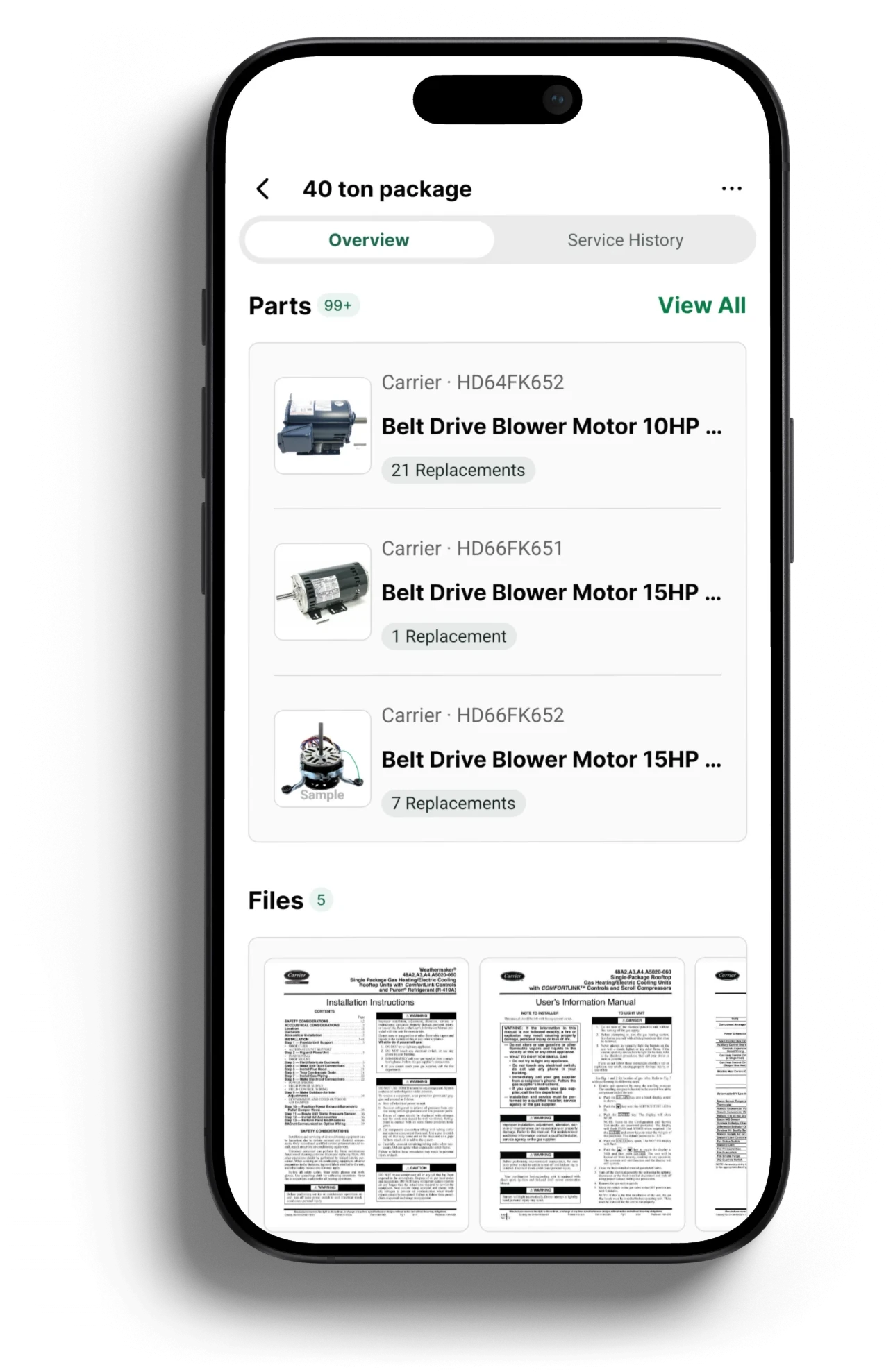 The same BuildOps asset with Bluon parts data: 99+ parts, starting with Carrier belt drive blower motors and their replacements, and 5 OEM files.