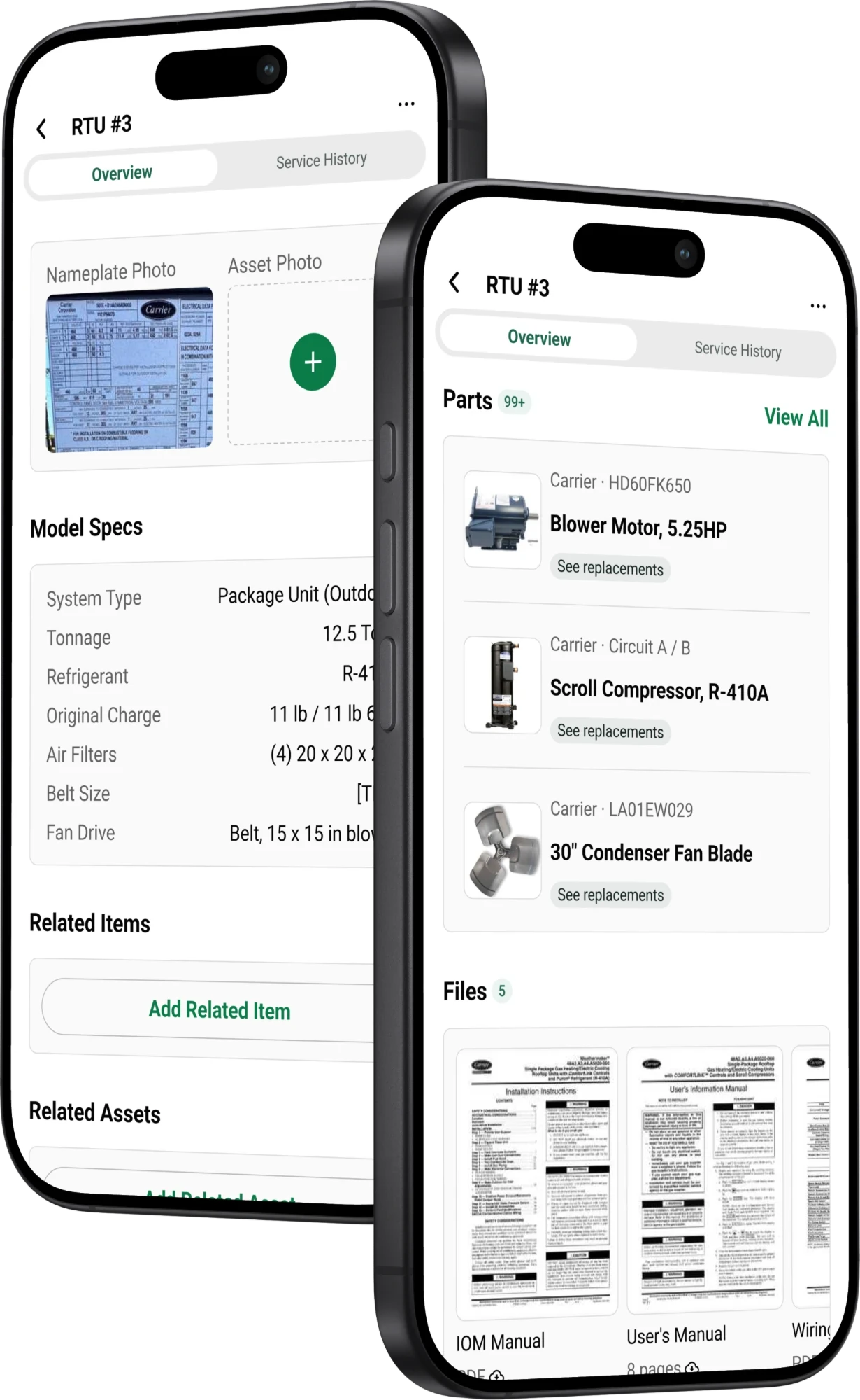 Two phones showing a BuildOps asset record for RTU #3, a 12.5 ton Carrier package unit: model specs with refrigerant, charge, filters and belt size, and Bluon parts data with a blower motor, scroll compressor and condenser fan blade plus 5 OEM files.