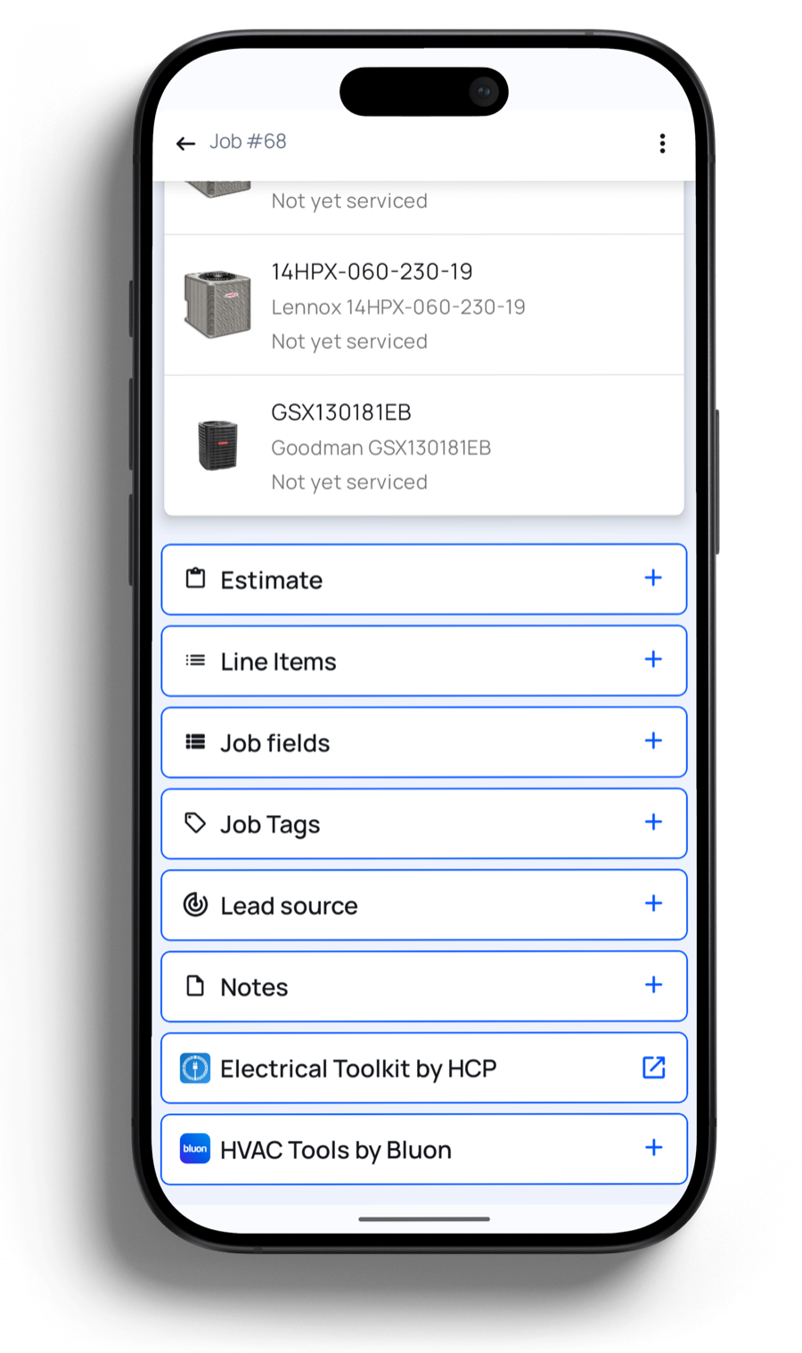 A Housecall Pro job screen on a phone. Above the job's action list sits the property's equipment — a Lennox 14HPX-060-230-19 and a Goodman GSX130181EB, both marked not yet serviced. The action list reads Estimate, Line Items, Job fields, Job Tags, Lead source, Notes, Electrical Toolkit by HCP, and HVAC Tools by Bluon.
