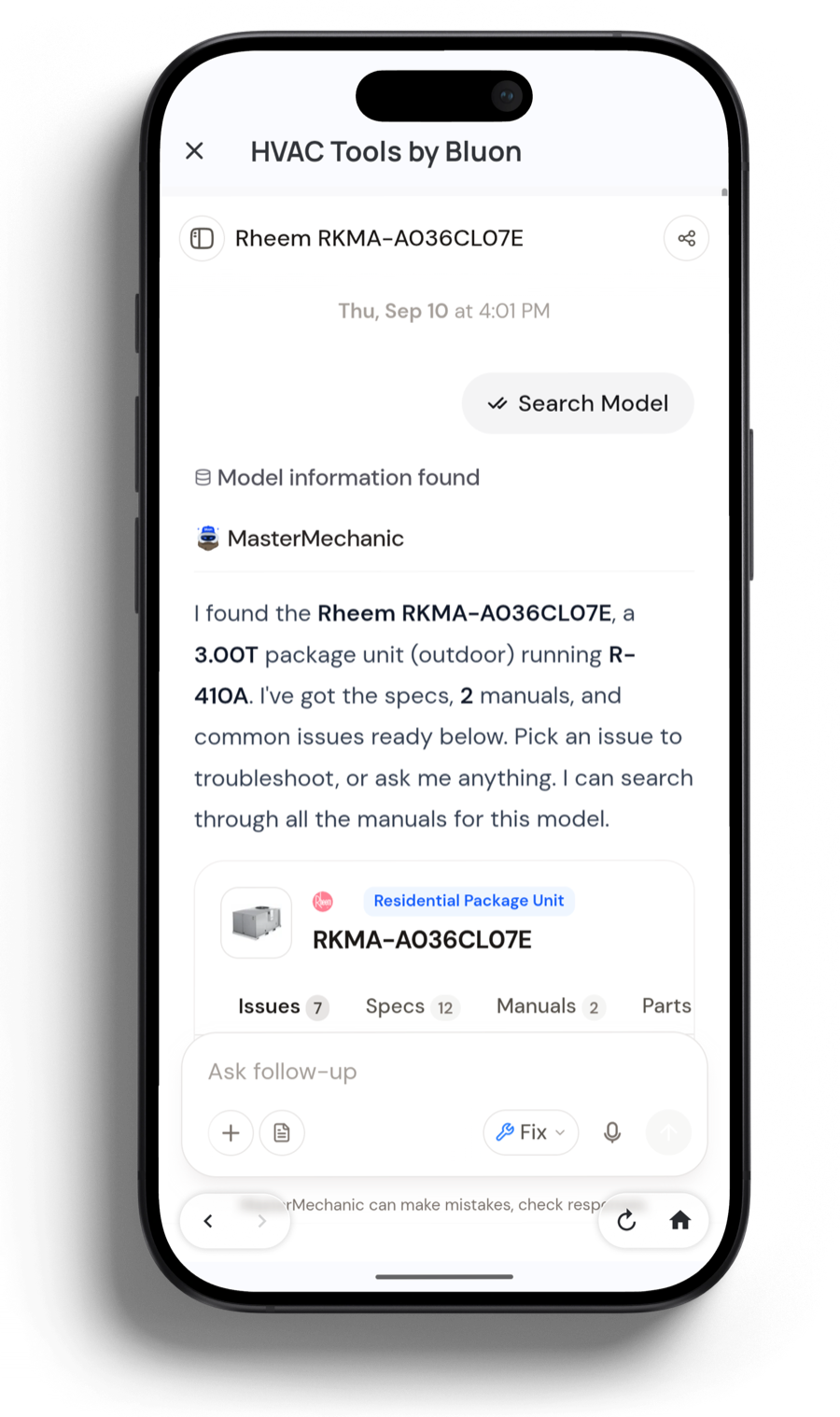 MasterMechanic, Bluon's A.I. tech support, inside Housecall Pro. It has identified a Rheem RKMA-A036CL07E as a 3.00 ton outdoor package unit running R-410A and offers its specs, 2 manuals and common issues to troubleshoot, with an ask follow-up field below.