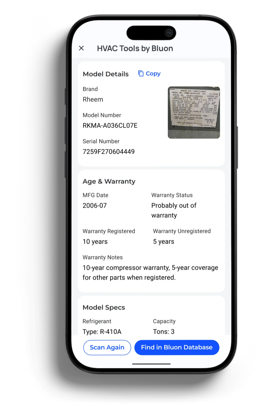 The scan result: Rheem RKMA-A036CL07E, serial 7259F270604449, manufactured 2006-07, probably out of warranty, with a 10-year compressor and 5-year parts warranty when registered, R-410A, 3 tons — above Scan Again and Find in Bluon Database buttons.