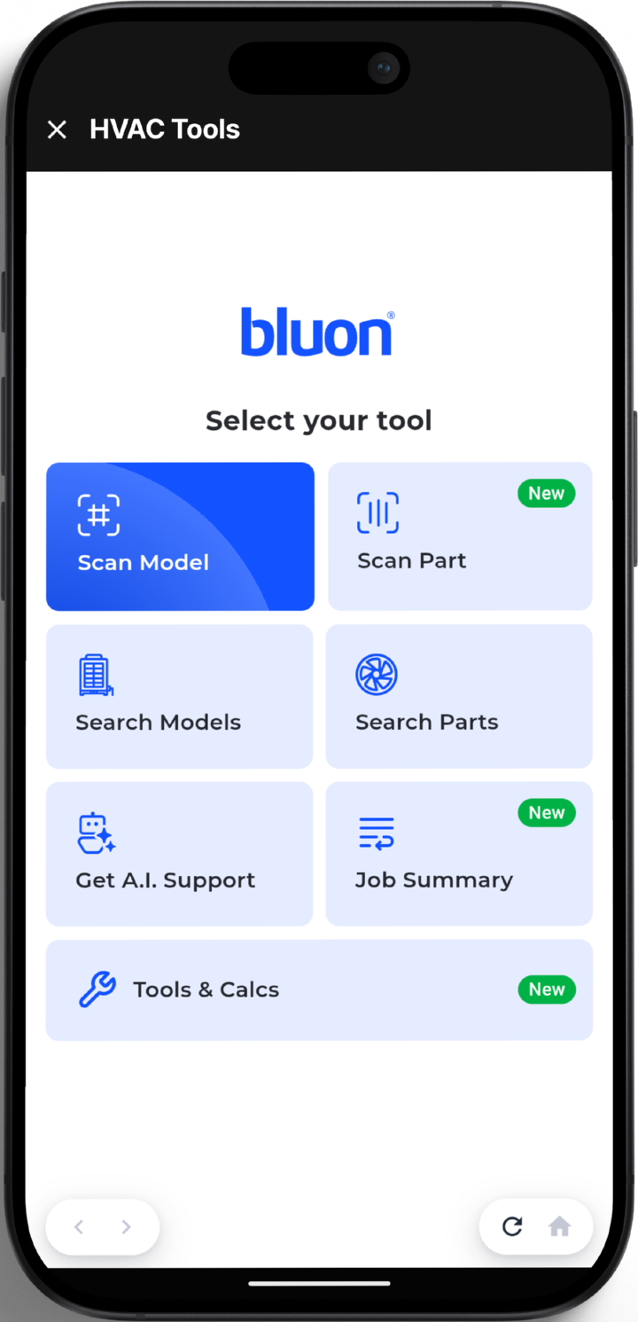 Bluon&rsquo;s HVAC Tools open inside Podium, showing Scan Model, Scan Part, Search Models, Search Parts, Get A.I. Support, Job Summary and Tools & Calcs.