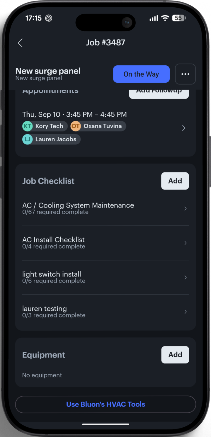 A Podium job screen showing appointments, a job checklist and equipment, with a Use Bluon&rsquo;s HVAC Tools button at the bottom.