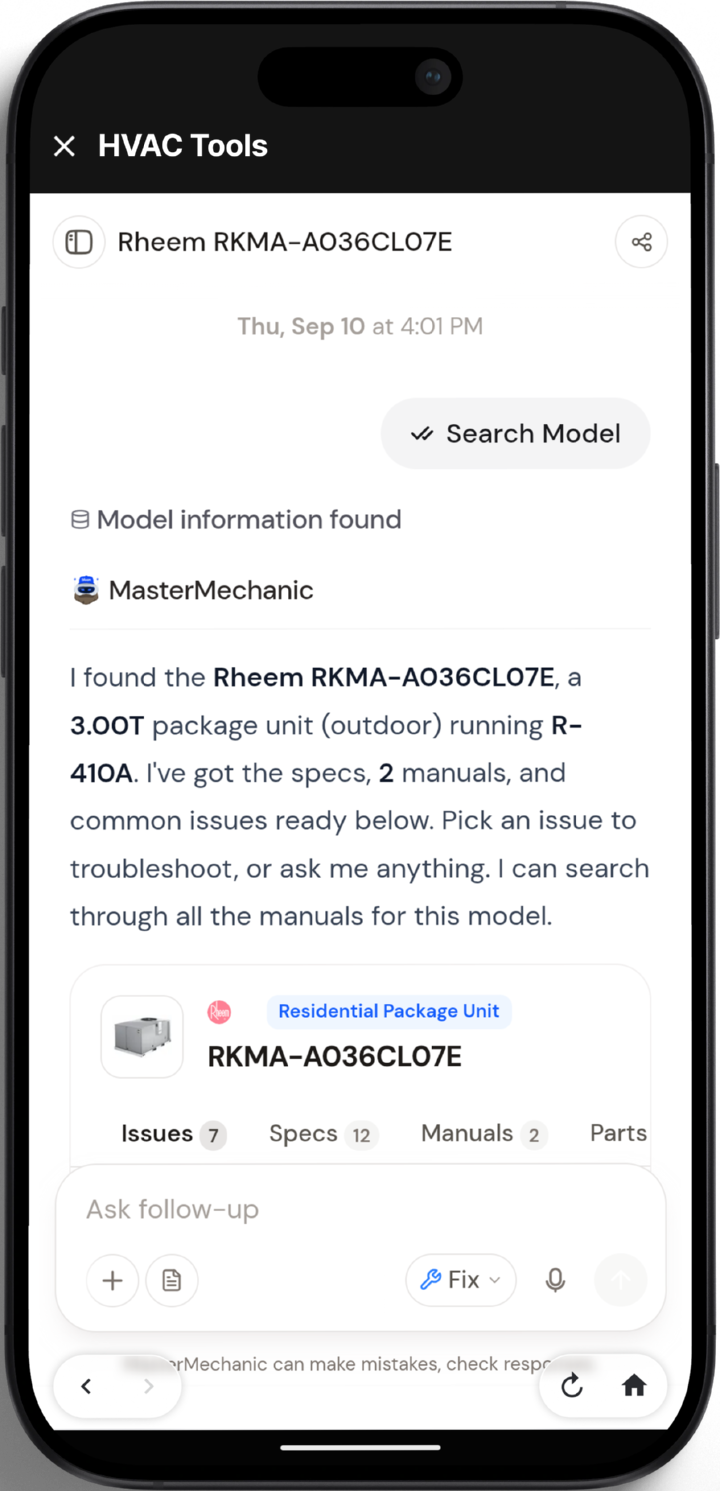 MasterMechanic A.I. inside Podium, answering on a Rheem RKMA-A036CL07E: it names the 3.00T package unit on R-410A, cites 2 manuals, and offers 7 common issues, 12 specs and the parts list to dig into.