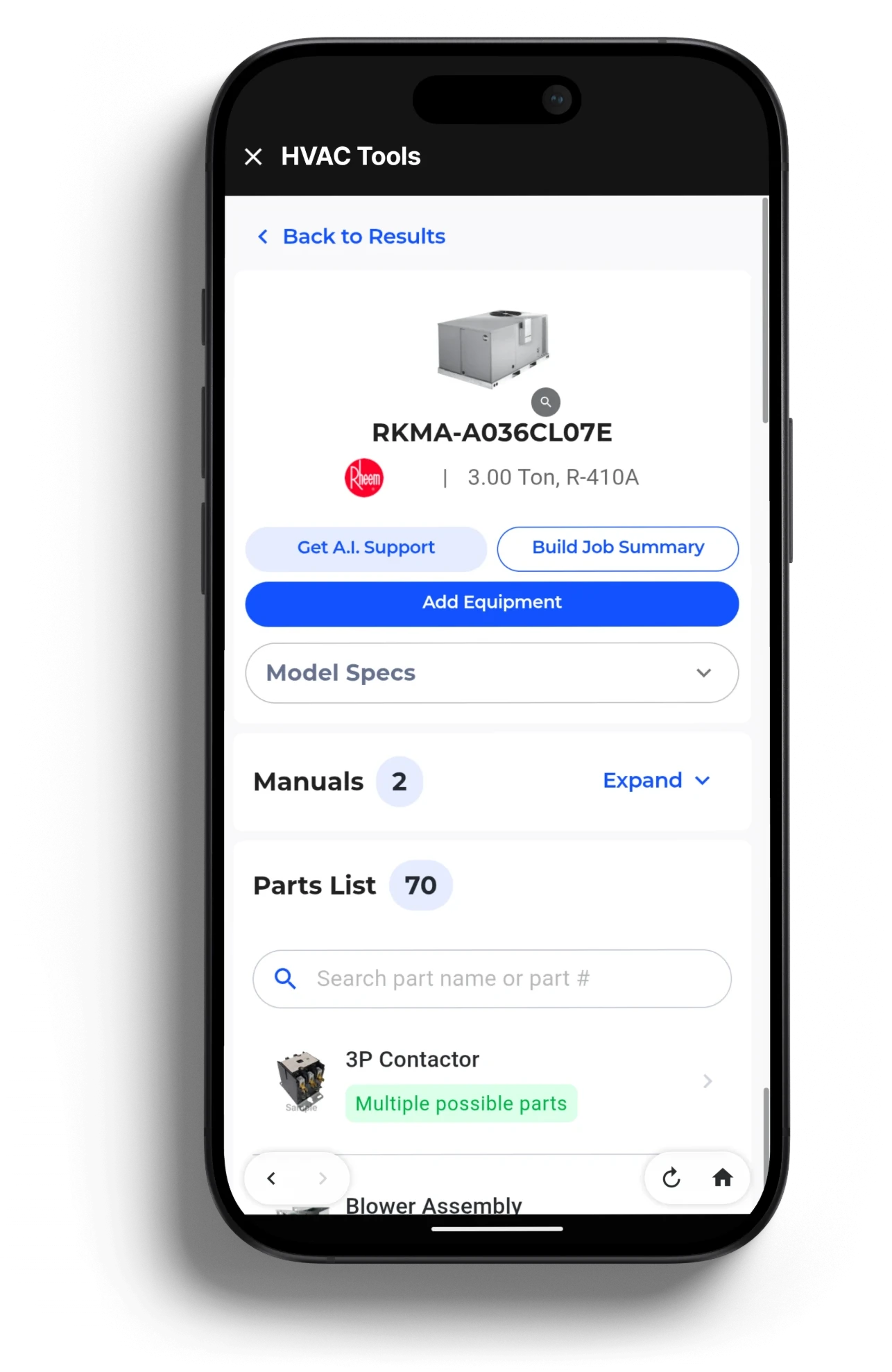 The Bluon model page for RKMA-A036CL07E inside Podium: 3.00 Ton R-410A, buttons for Get A.I. Support, Build Job Summary and Add Equipment, then Model Specs, 2 Manuals and a 70-part Parts List.