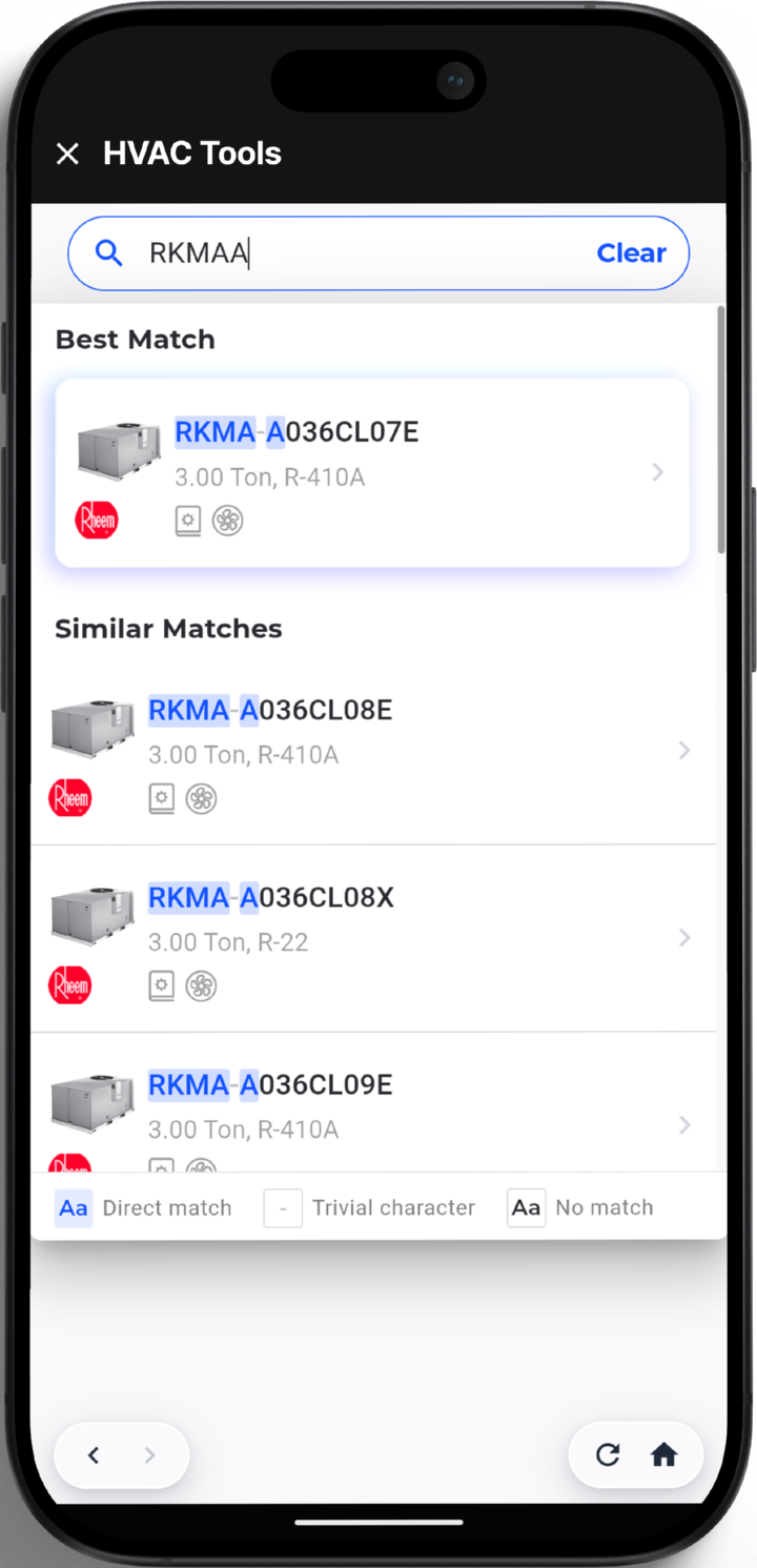 Bluon model search inside Podium: typing RKMAA returns a best match of RKMA-A036CL07E, 3.00 Ton R-410A, plus similar matches with the characters that differ highlighted.