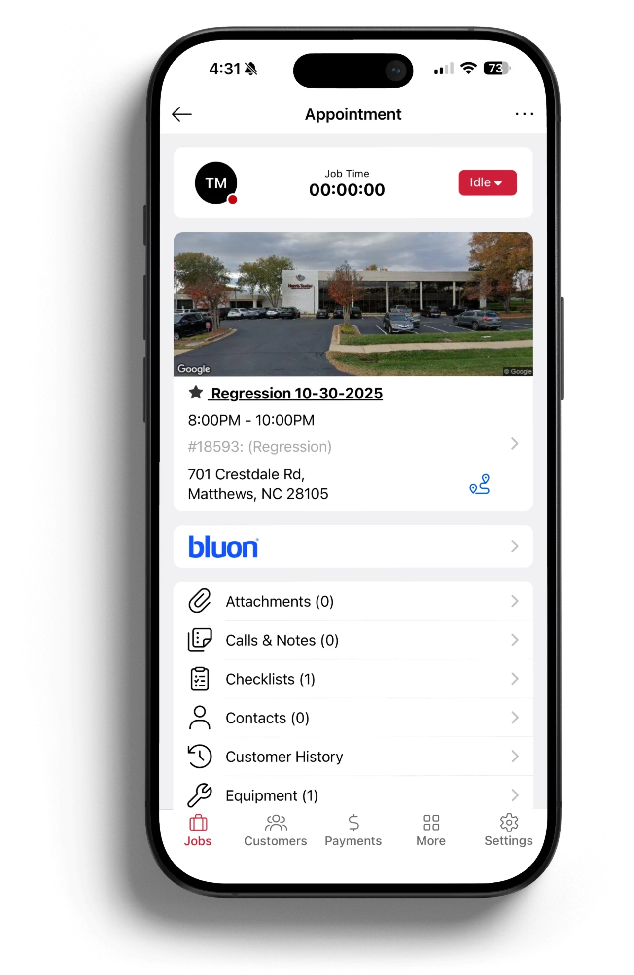 A WEX FSM appointment screen for job #18593 in Matthews, NC, with a Bluon row above the job's attachments, checklists and equipment.