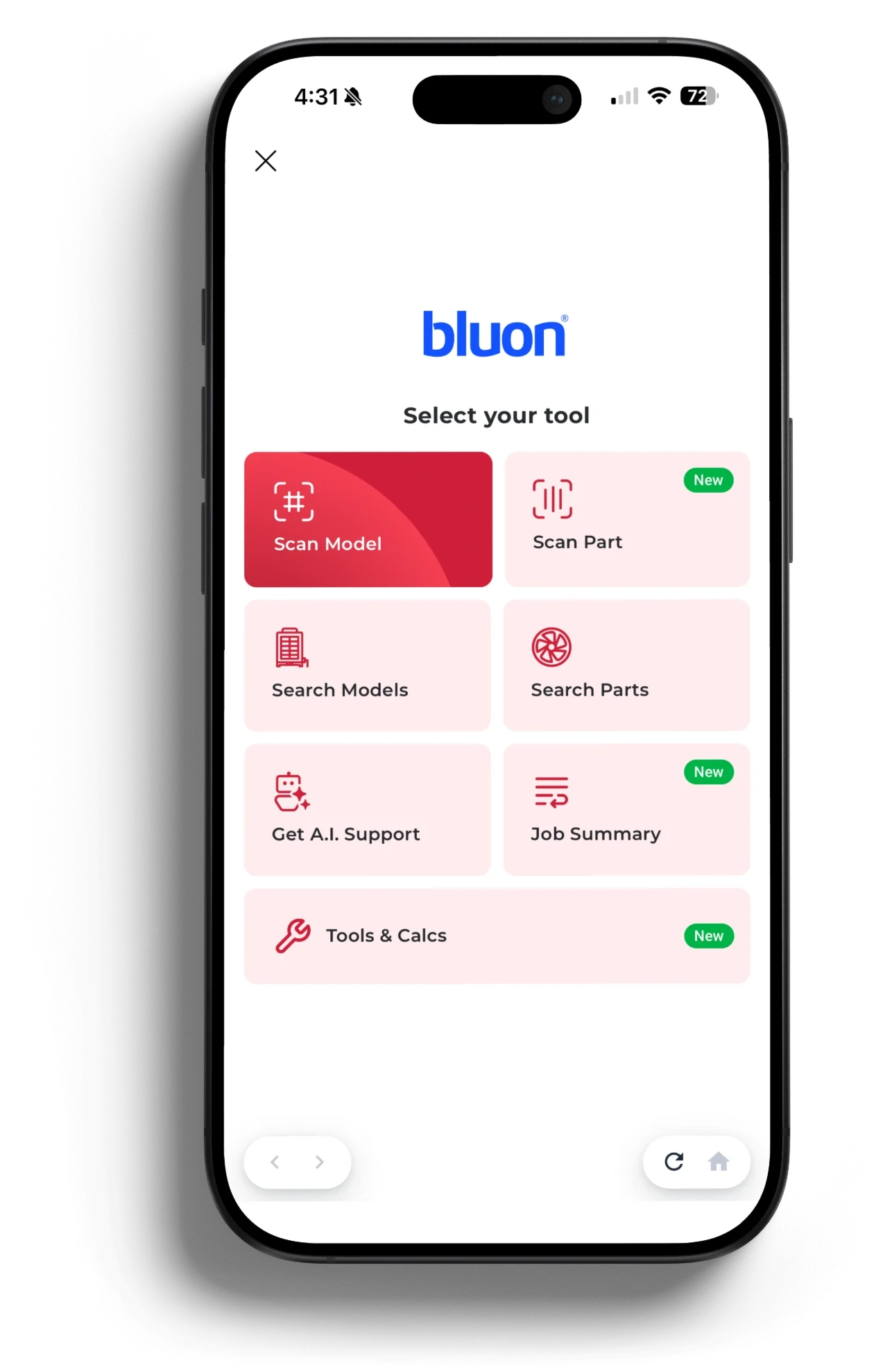 Bluon open inside WEX FSM: Select your tool, with Scan Model, Scan Part, Search Models, Search Parts, Get A.I. Support, Job Summary and Tools & Calcs.