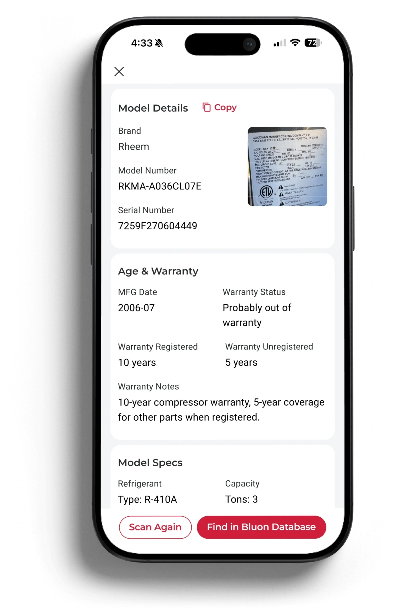The scan result: model and serial number, a 2006-07 manufacture date, probably out of warranty, R-410A, 3 tons, with Scan Again and Find in Bluon Database.