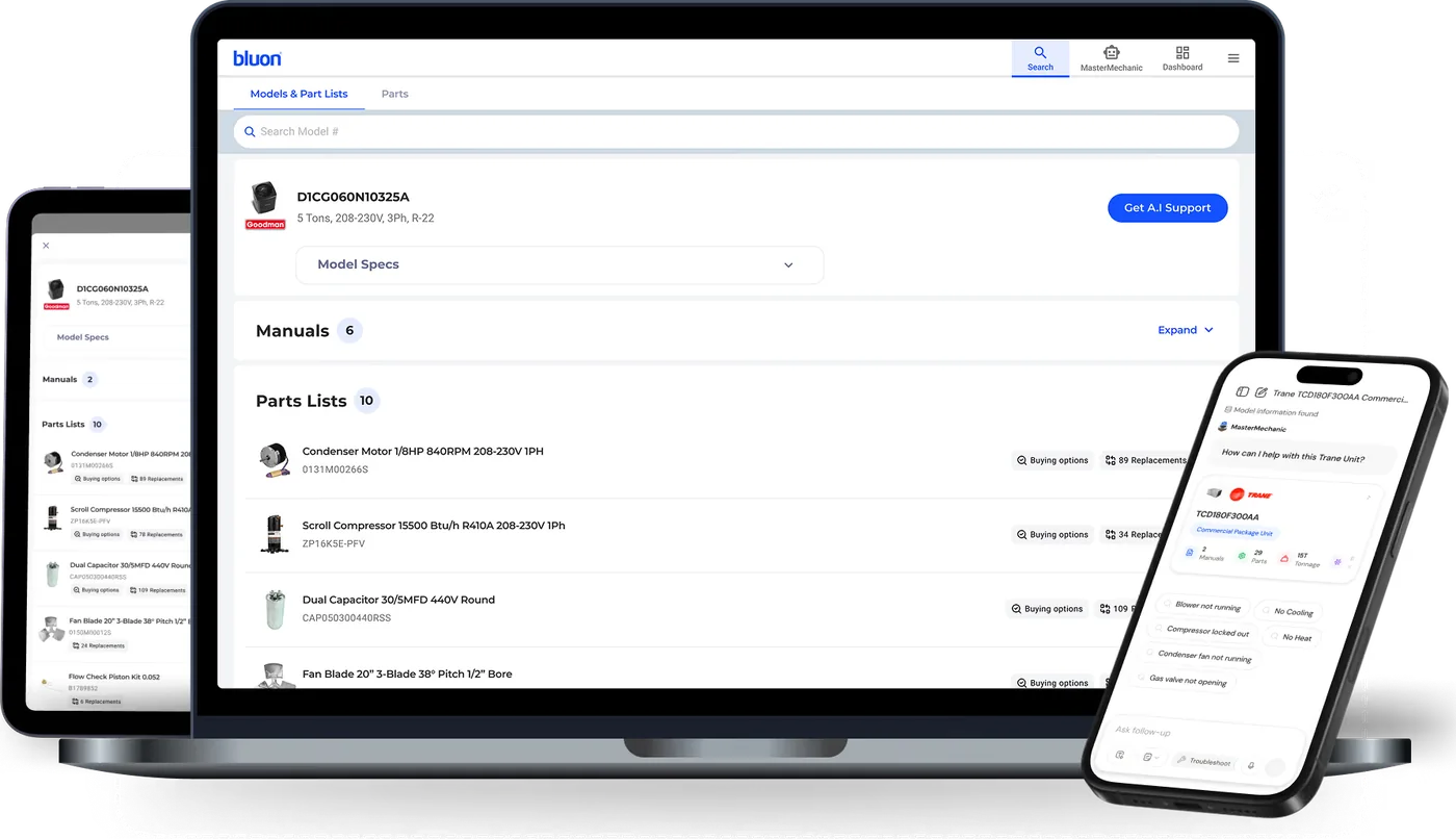 Bluon on a laptop, tablet, and phone showing a model's specs and parts list