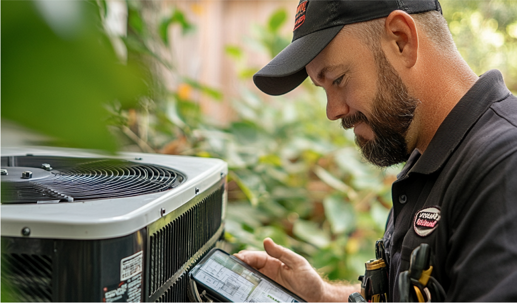 HVAC technician reviewing a wiring diagram on a tablet next to a residential condenser unit